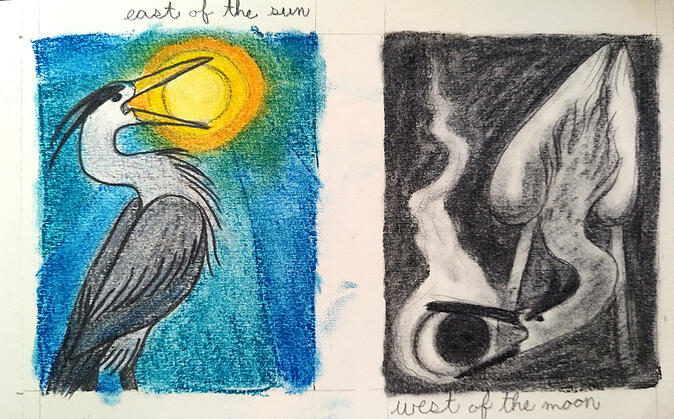 East of the Sun, West of the Moon; pastel and charcoal herons