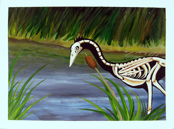 Heron Skeleton; acrylic on art board