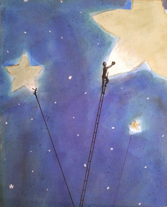 Somebody Has To Go Polish The Stars; Blue India Ink, watercolor, pen
