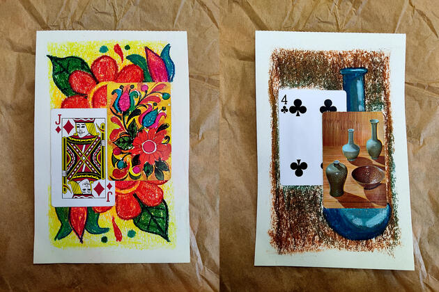 Pastel Card Collage; Chalk pastel and vintage playing cards