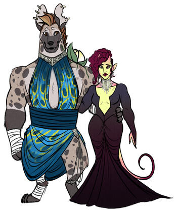 Power Couple; my gnoll barbarian and her girlfriend, an NPC tiefling battlemaster. Power Couple; my gnoll barbarian and her girlfriend, an NPC tiefling battlemaster.