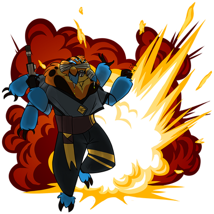 Boom, an anthropomorphic spider holding a gun and detonator, walking away from an explosion.