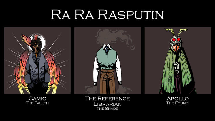 Ra Ra Rasputin, an angel with sunset-colored wings, a ghost in a sweatervest and khakis, and a mothman with a vibrant ascot.