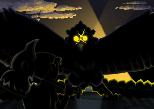 Long Live The King, Link from Wind Waker facing against the Helmaroc King, a massive bird, on a night-time rooftop.