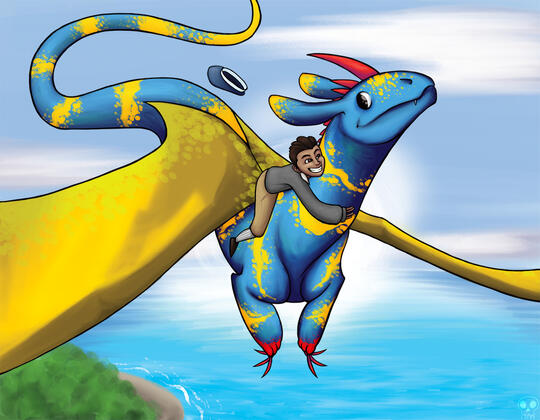 My Father's Dragon, a boy on the back of a vibrantly colored dragon, flying away from an island. My Father's Dragon, a boy on the back of a vibrantly colored dragon, flying away from an island.