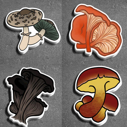 Mushroom Sticker Set, 4 stickers featuring False Parasol, Cinnabar Chanterelle, Black Trumpet, and Bicolor Bolete mushrooms. Mushroom Sticker Set, 4 stickers featuring False Parasol, Cinnabar Chanterelle, Black Trumpet, and Bicolor Bolete mushrooms.