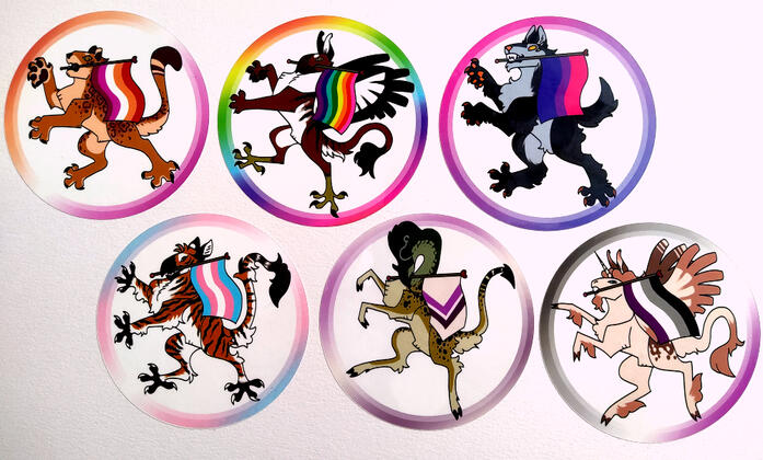 RAMPANT! Set 1; heraldic pride stickers originally made June 2021 RAMPANT! Set 1; heraldic pride stickers originally made June 2021