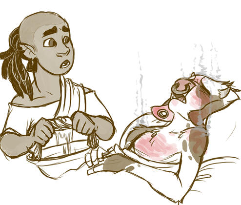 In Sickness, a young minotaur suffering from a fever and smoking slightly, being treated by a young half-orc.