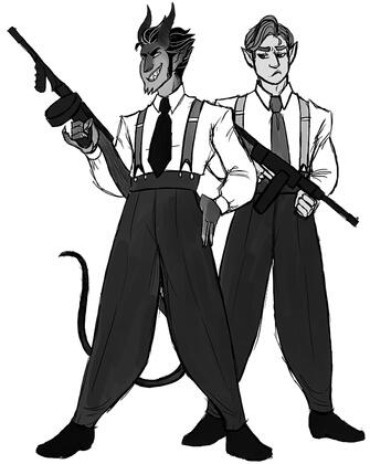 Young Guns, a devilish tiefling and a half-elf in 1930s mafia clothing with tommy guns.