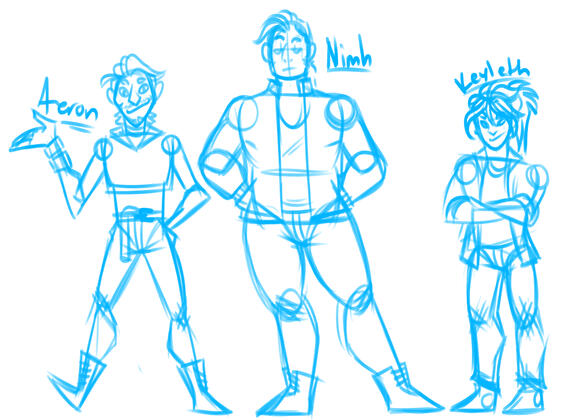 Character Design practice, stylizing a trio of characters with different shapes and builds.
