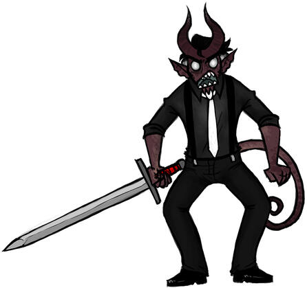 Angry Rev, an angry older tiefling with a large longsword.