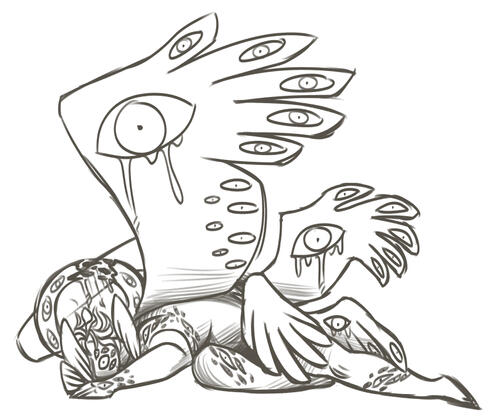 Camio, a fallen angel with a cracked halo. Covered in eyes.