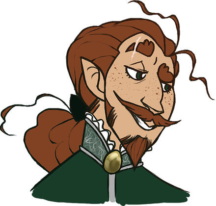 Marlowe, a young red-headed half-elf with a moustache, goatee, and a scar over one eye.