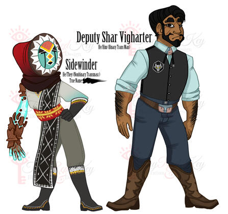 Sidewinder & Shar; Two characters from a TTRPG game. Sidewinder & Shar; Two characters from a TTRPG game.