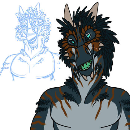 Leaves-No-Silence, a bust of a blue and orange Argonian (lizardfolk) with feathers, from Skyrim.