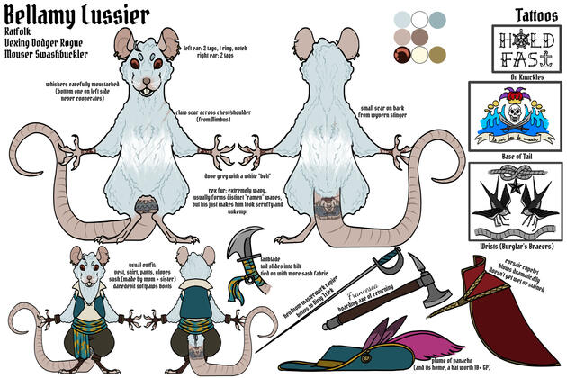 Bellamy Lussier, a ratfolk swashbuckler with grey and white fur, tattoos, and a basic outfit rundown.