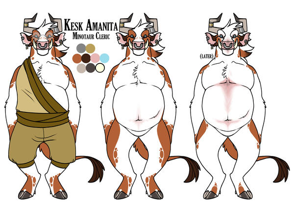 Kesk the Minotaur, a fat minotaur, white with red-brown markings and monk-like clothing.