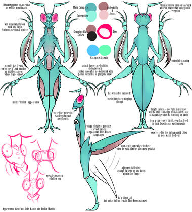 T'k Threadborne, a thri-kreen (anthropomorphic praying mantis) in the teal and pink of an orchid mantis male.