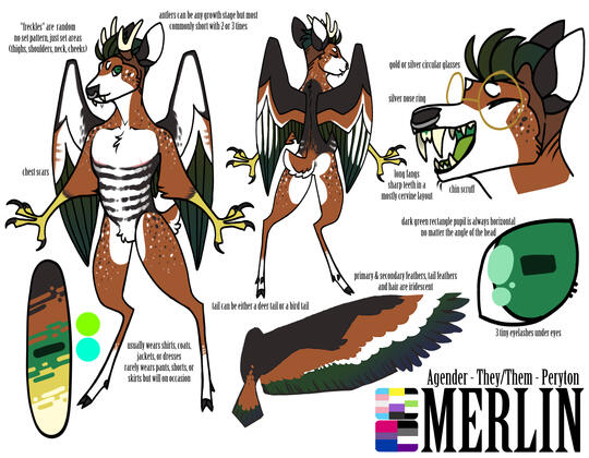 Merlin, a reddish peryton with dark brown markings and iridescent wings.