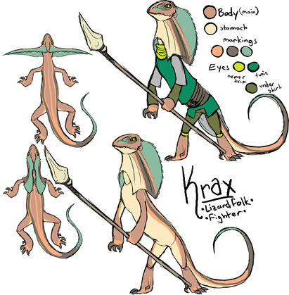 Krax, a lizard folk fighter wielding a bone spear, based on a frilled lizard. Krax, a lizard folk fighter wielding a bone spear, based on a frilled lizard.