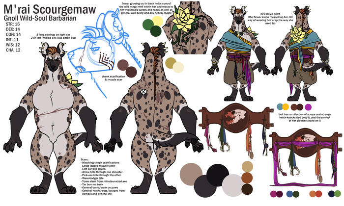 M'rai Scourgemaw, a muscular, older gnoll woman with several scars, an intricate belt, and a wrap top with simple pants.