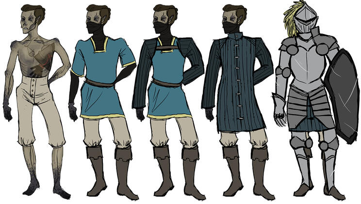 Sketch, a revenant ice-mummy paladin and the various levels of clothing they wear.