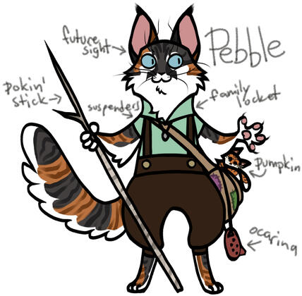 Pebble, a small calico tabby kitten in suspenders and a cute lil shirt.
