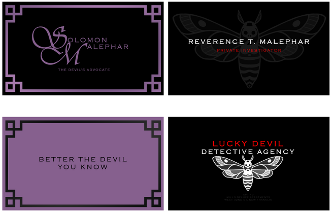Business Cards: Solomon Malephar (The Devil's Advocate) and Lucky Devil Detective Agency