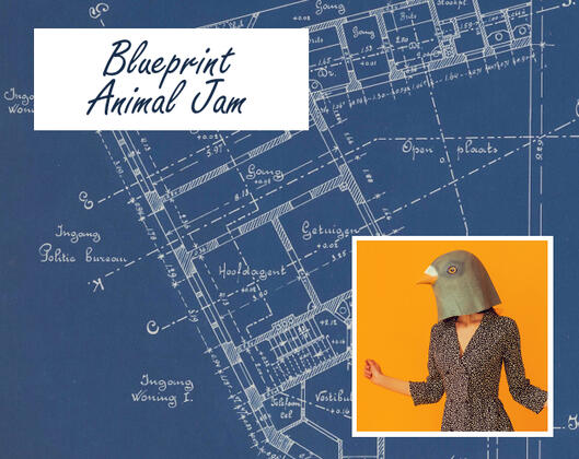Blueprint Animal Jam, a cover for a TTRPG using a blueprint and a picture of a woman in a rubber pigeon mask. Blueprint Animal Jam, a cover for a TTRPG using a blueprint and a picture of a woman in a rubber pigeon mask.