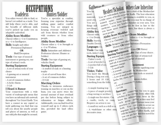 MarrowScar Spread, an example spread from a TTRPG book featuring various D&D 5e style character backgrounds.