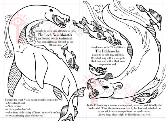 Loch Ness & Dobhar-chu; a page spread from a coloring book I've made.